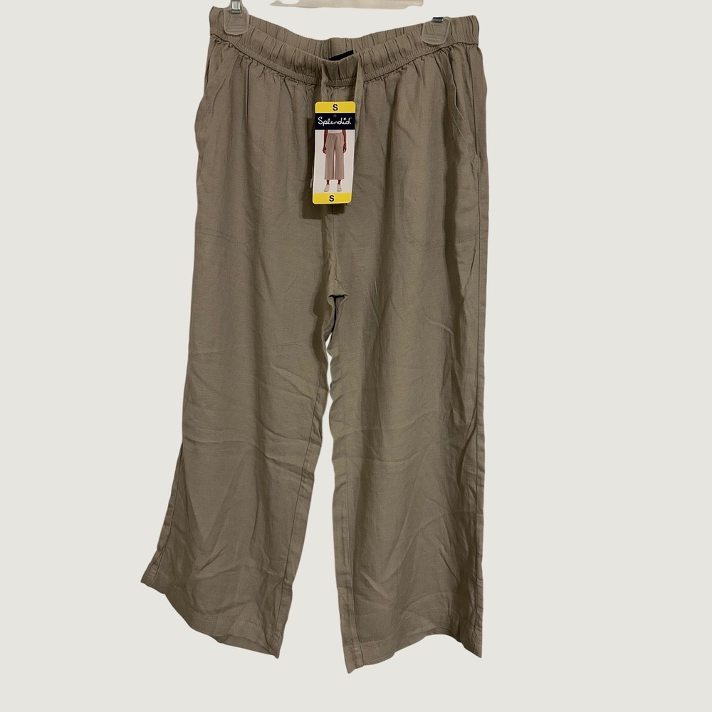 Splendid Womens Linen Blend Wide Leg Crop Pants Khaki Tan Drawstring Size S NEW